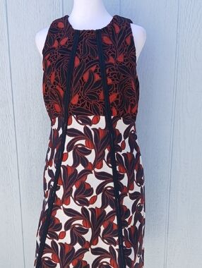 Ann Taylor Red & Black Leaf-Print Sleeveless Midi Dress